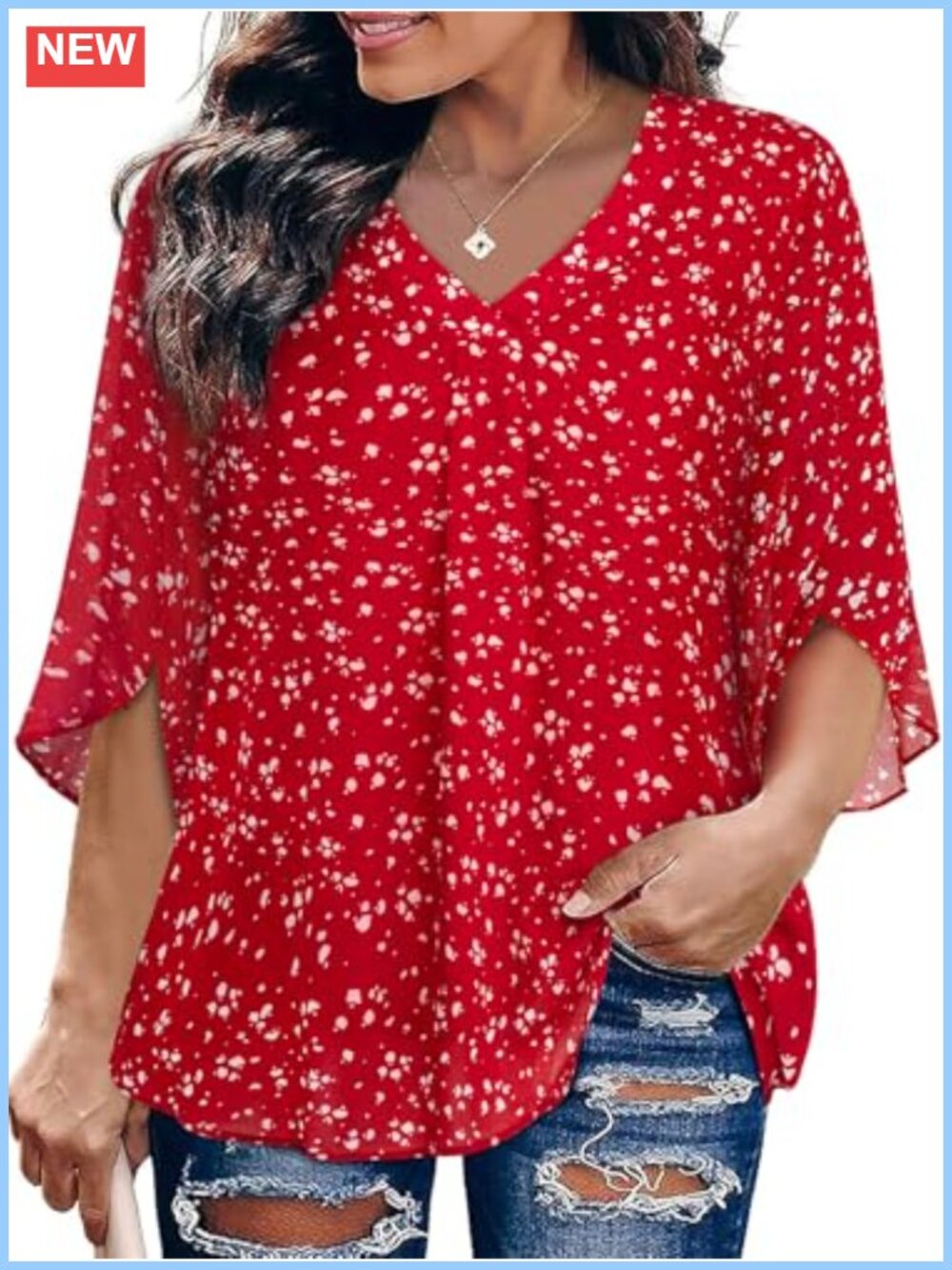 Womens Plus Size Chiffon V Neck 3/4 Sleeve Tunic Blouse Loose Fit